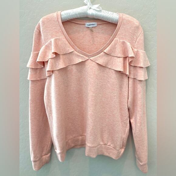 CALVIN KLEIN | Heathered Pink Ruffle Front Sweater Top Long Sleeve | Medium - Picture 1 of 7
